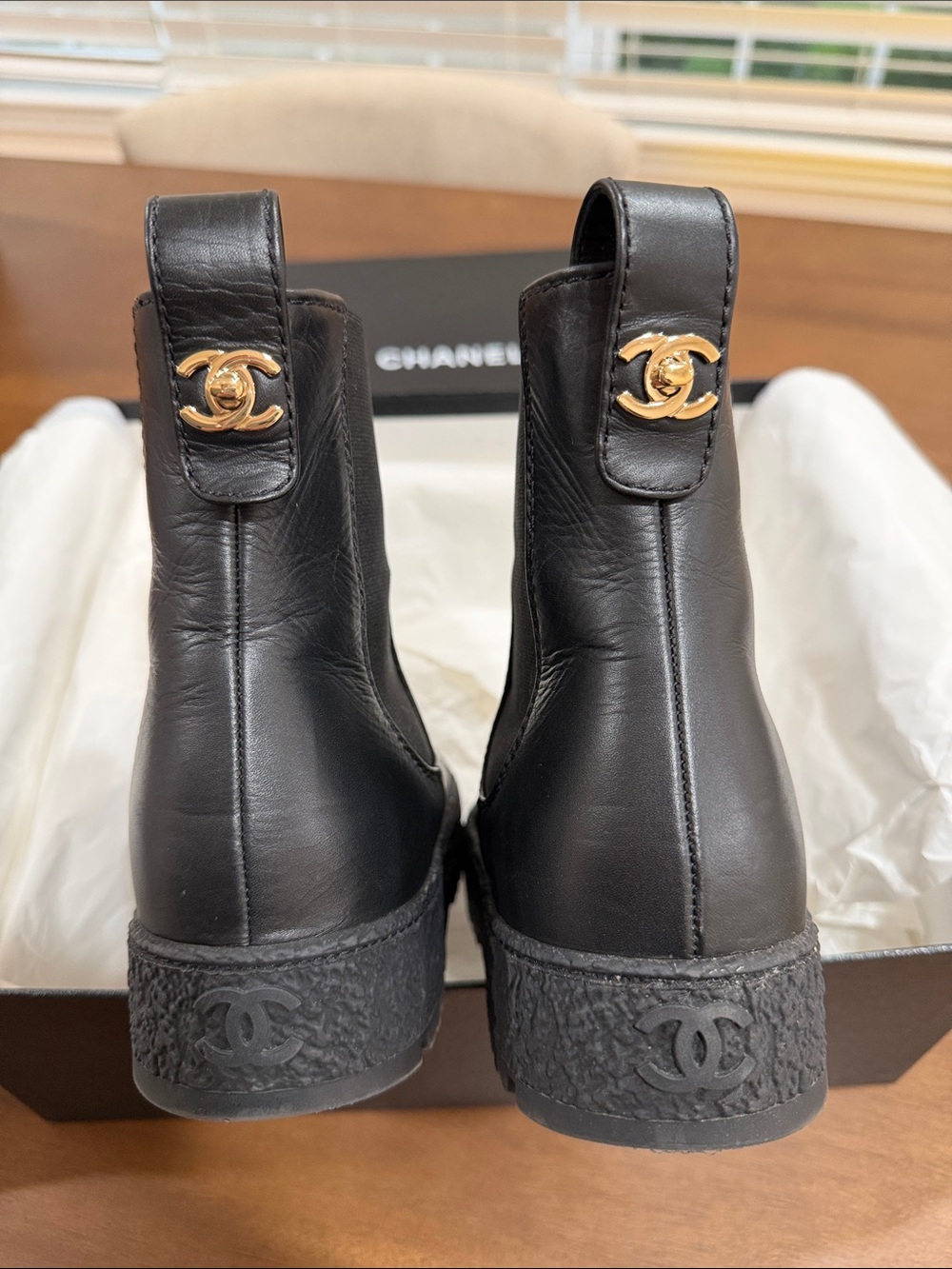 CHANEL Black Leather Platform Chelsea Booties with CC Toe Motif - Picture 11 of 12